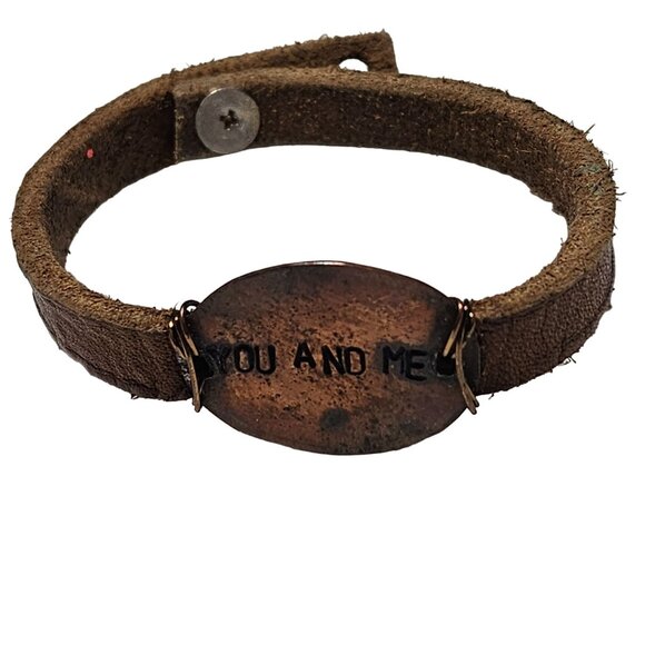 Vintage Brown Leather Bracelet You And Me Copper Plate Love Gift Jewelry Women - Picture 1 of 6